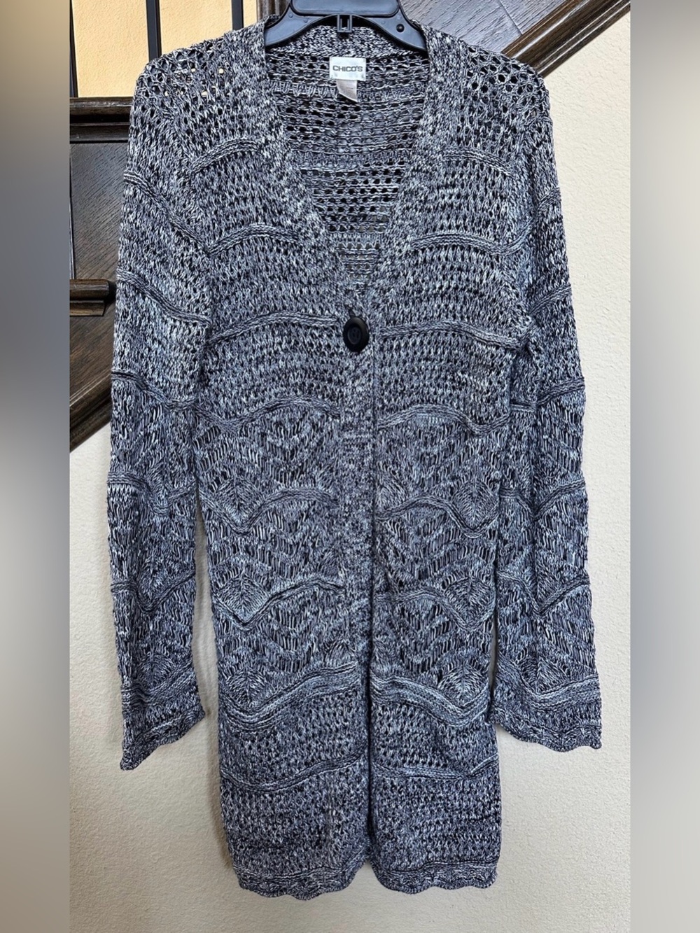 Chico’s Black White Open-Knit Cotton Duster Cardigan Long Sleeve size 2 Large L